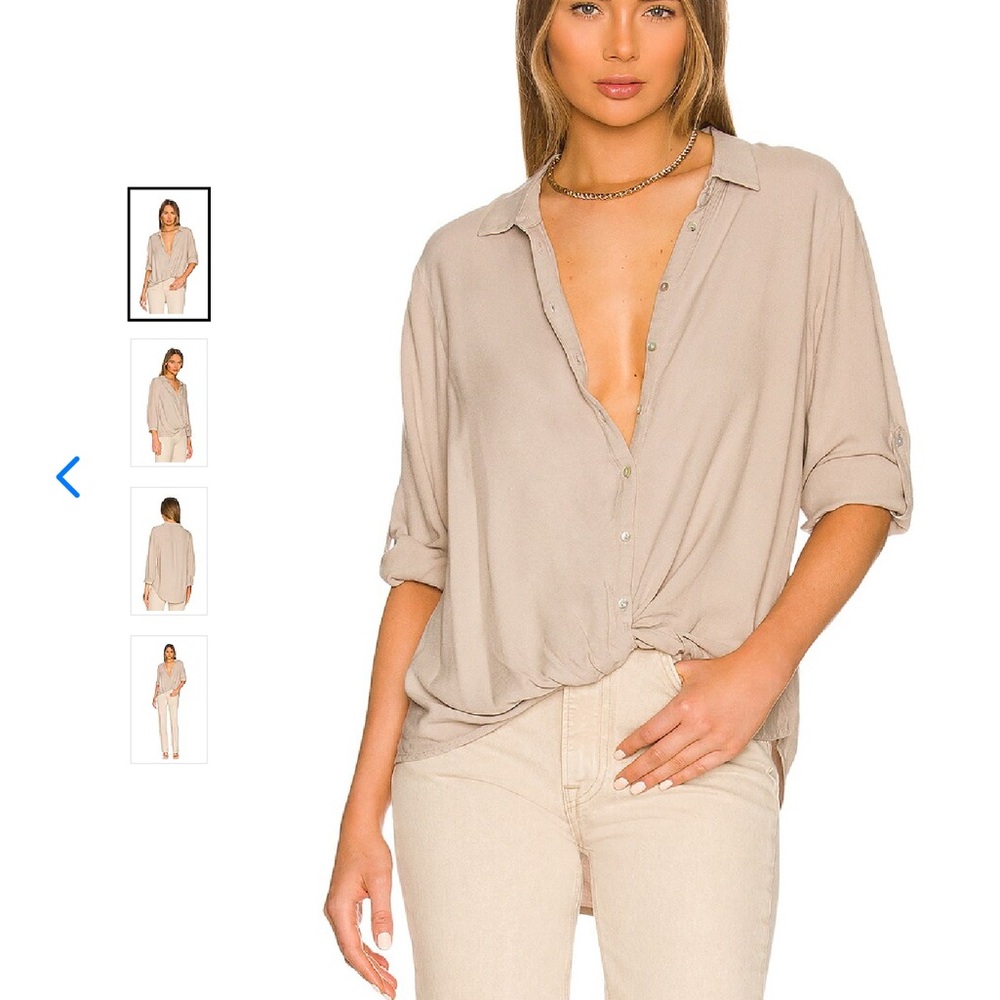 bobi Tan and Cream Button Down Shirt with Notched Collar and Cuffed Sleeves